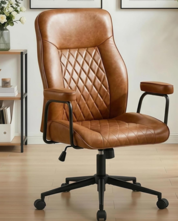 Leather Home Desk Chair With Mid-Back, Lumbar Support, And Swivel