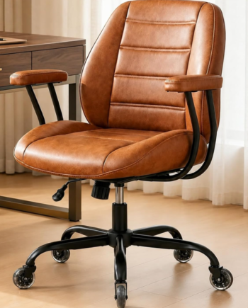 Leather Office Chair With Lumbar Support, Detachable Armrests, And Swivel