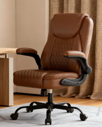 Ergonomic Leather Home Office Chair With Flip-Up Armrests, Rocking, And Swivel Functions
