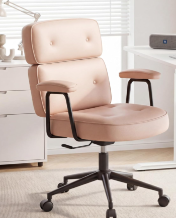 Ergonomic Leather Home Desk Chair With Lumbar Support, Swivel, And Casters